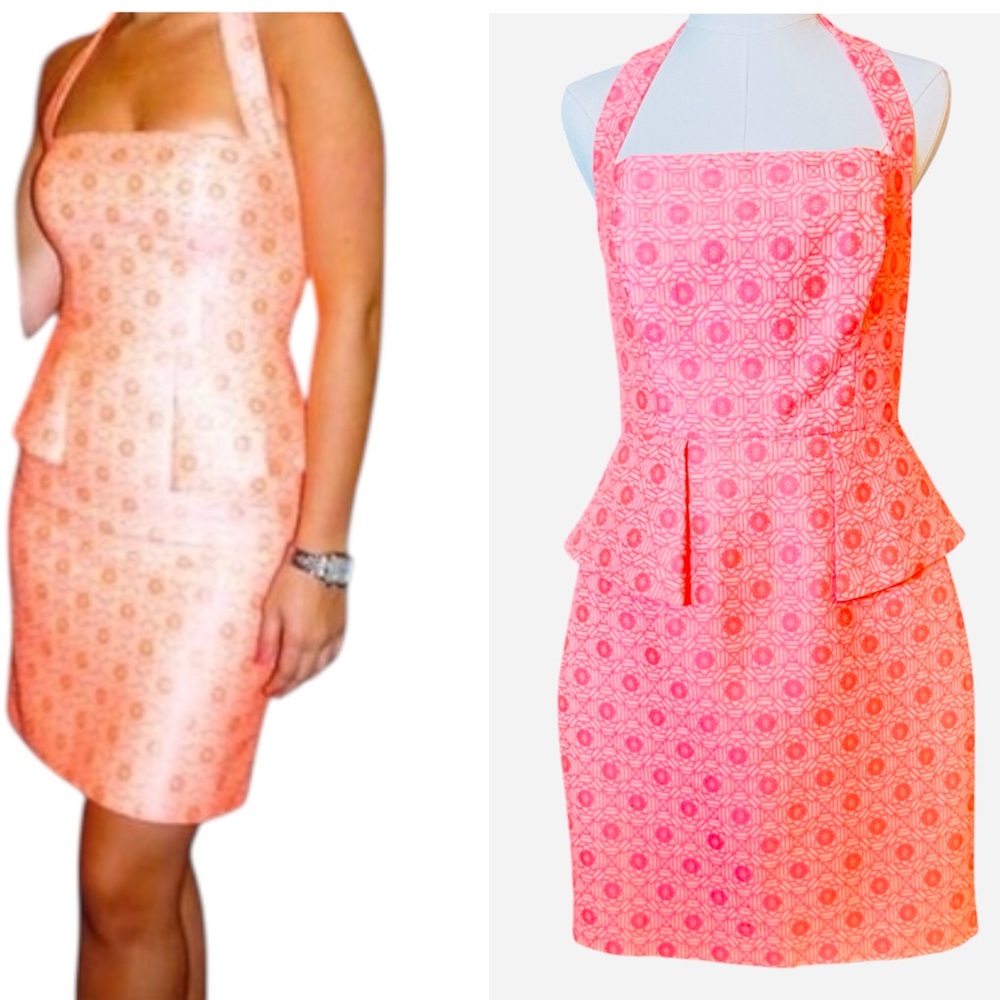 LAUNDRY BY SHELLI SEGAL Neon Pink Jacquard Halter Mini Dress